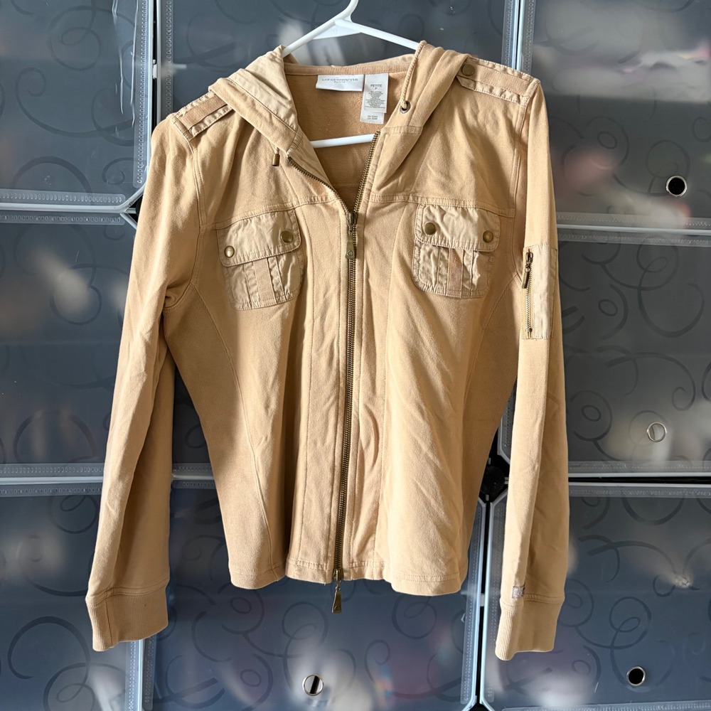 Liz Claiborne Petite Tan Khaki Utility Zip Up Hoodie Jacket Cargo Pockets P